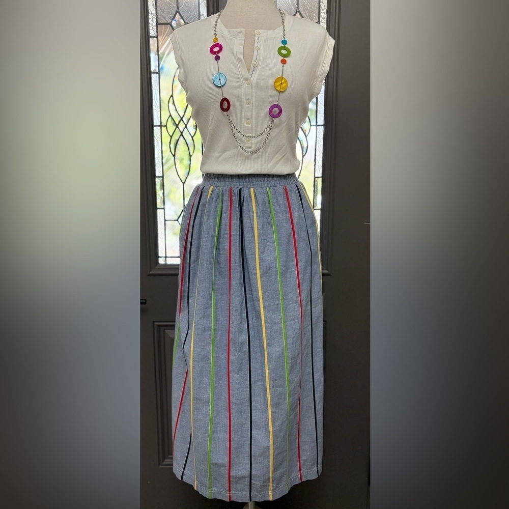 Vintage Chaus Sport Chambray Maxi Midi Skirt Rainbow Stripe